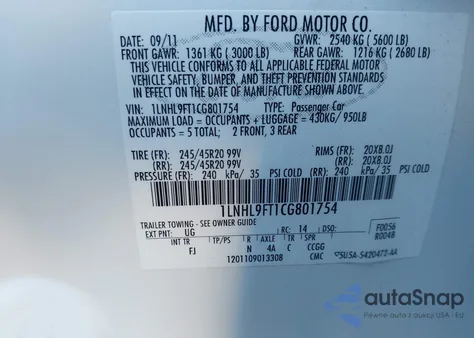 2012 Lincoln Mks Ecoboost из США, поврежденный, VIN 1LNHL9FT1CG801754